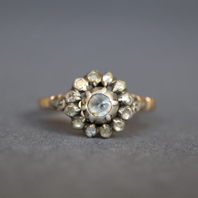 Georgian ring. Antique cluster ring. Antique rosette ring. Rosette ring. Diamond rosette ring. Georgian cluster ring. Georgian diamond ring. Antique diamond ring. Georgian rose cut diamond ring. Antique diamond halo ring. Antique diamond cluster ring.