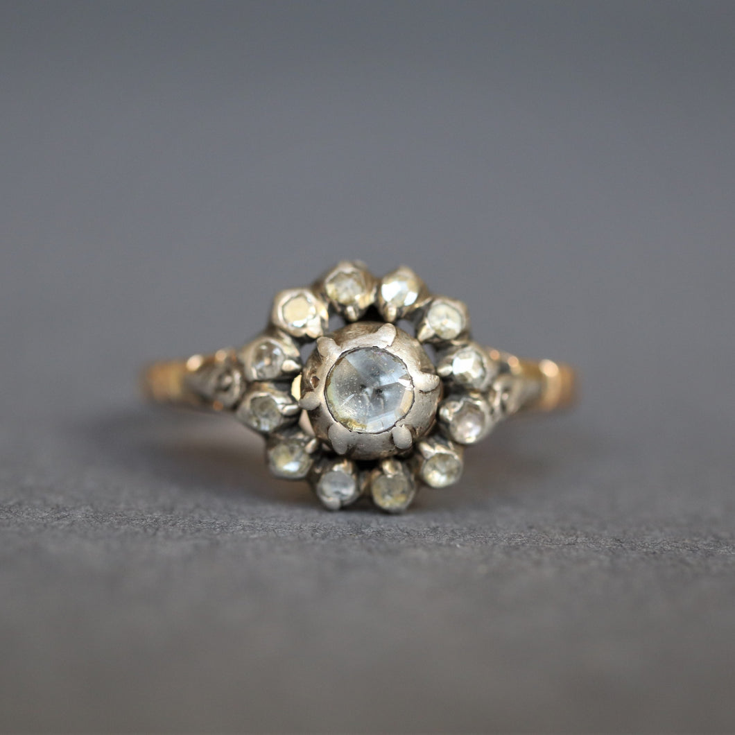 Georgian ring. Antique cluster ring. Antique rosette ring. Rosette ring. Diamond rosette ring. Georgian cluster ring. Georgian diamond ring. Antique diamond ring. Georgian rose cut diamond ring. Antique diamond halo ring. Antique diamond cluster ring.