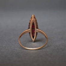 Load image into Gallery viewer, Vintage garnet doublet &amp; diamond navette ring in 14ct gold
