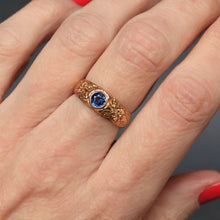 Load image into Gallery viewer, Stacking ring. Sapphire stacking ring. Engraved ring. Synthetic sapphire ring. Synthetic sapphire band. Antique stacking band. Engraved stacking band.
