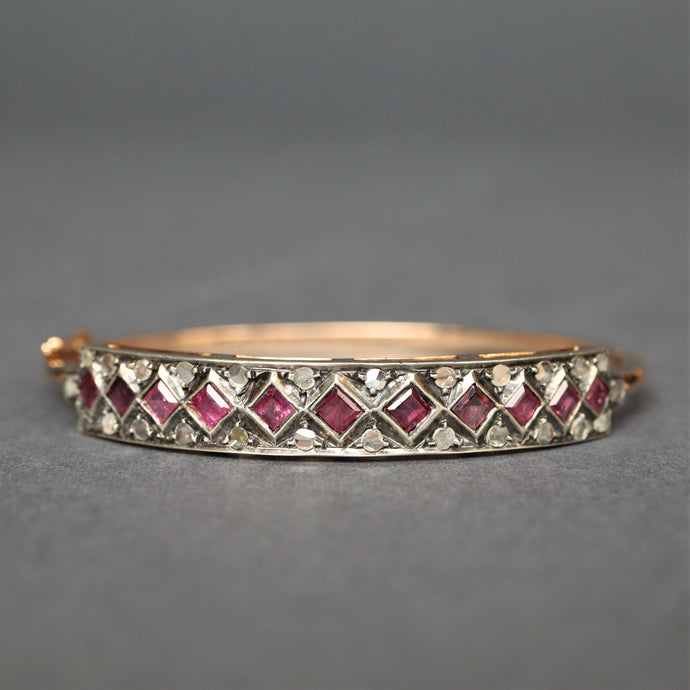 Antique ruby bangle. Antique diamond bangle. Antique ruby and diamond angle. Victorian ruby bangle. Victorian diamond bangle. Victorian ruby and diamond bangle. Checkerboard bangle. Checkerboard bracelet. Antique Edwardian bangle. Edwardian ruby bangle. Edwardian diamond bangle. Edwardian ruby and diamond bangle. Antique ruby and diamond bracelet. Antique ruby bracelet. Antique diamond bracelet.