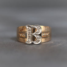 Load image into Gallery viewer, Letter B ring. B ring. Vintage letter b ring. Monogram ring. B monogram ring. Vintage B monogram ring. Vintage initial ring. Vintage initial ring. Vintage initial b ring. Initial b ring. Giold b ring. Gold diamond b ring. 
