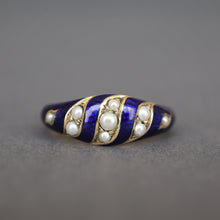 Load image into Gallery viewer, Antique blue enamel ring. Blue enamel ring. Victorian blue enamel ring. Victorian pearl ring. Antique pearl ring. Guilloche enamell. Blue guilloche enamel. Blue guilloche enamel ring. Restored antique ring.
