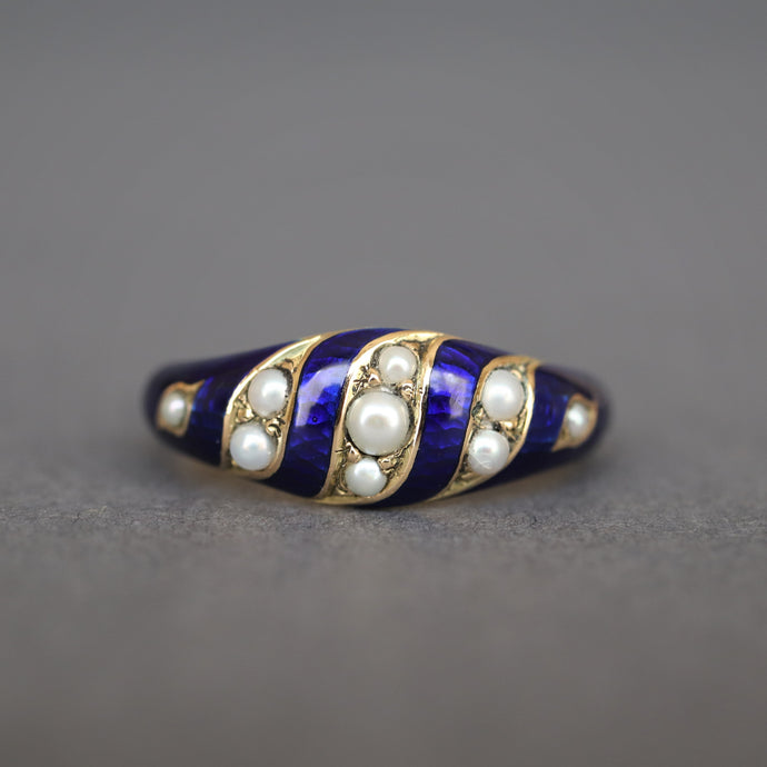 Antique blue enamel ring. Blue enamel ring. Victorian blue enamel ring. Victorian pearl ring. Antique pearl ring. Guilloche enamell. Blue guilloche enamel. Blue guilloche enamel ring. Restored antique ring.