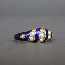 Load image into Gallery viewer, Antique Victorian guilloché enamel ring with pearls in 18ct gold
