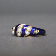 Load image into Gallery viewer, Antique Victorian guilloché enamel ring with pearls in 18ct gold
