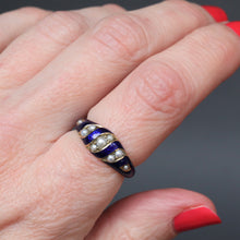 Load image into Gallery viewer, Antique Victorian guilloché enamel ring with pearls in 18ct gold
