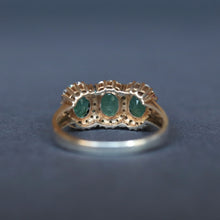 Load image into Gallery viewer, Antique Edwardian era emerald &amp; diamond trilogy ring in 9ct gold
