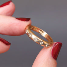 Load image into Gallery viewer, Antique wedding band. Antique wedding ring. Antique stacking band. Wide gold band.. Wide gold ring. Vintage ring. Vintage band. Antique ring. Antique band. Antique wedding band with diamonds. Diamond wedding band. Diamond wedding ring. Antique diamond wedding band. Antique diamond wedding ring. Antique Scandi wedding band. Antique Scandi wedding ring. Scandi ring, Edwardian stacking band. Edwardian stacking ring. Edwardian wedding band. Edwardian wedding ring.
