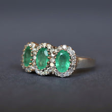 Load image into Gallery viewer, Antique Edwardian era emerald &amp; diamond trilogy ring in 9ct gold
