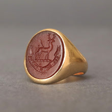 Load image into Gallery viewer, Vintage carnelian intaglio ring carved with a buck in 18ct gold
