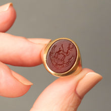 Load image into Gallery viewer, Vintage intaglio ring. Vintage seal ring. Vintage signet ring. Buck intaglio ring. Stag intaglio ring. Non omnis moriar. Vintage carnelian ring.
