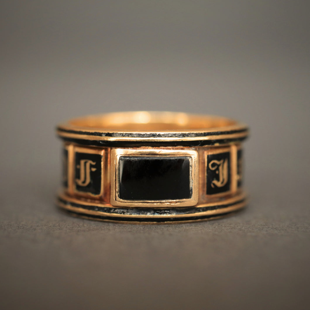 antique Georgian mourning memorial ring band black enamel gold 18ct 18k wide stacking in memory of vintage jewelry jewellery