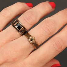 Load image into Gallery viewer, antique Georgian mourning memorial ring band black enamel gold 18ct 18k wide stacking in memory of vintage jewelry jewellery flower head hairwork emerald pearl
