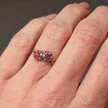 Load image into Gallery viewer, Antique toi et moi ring. Antique cluster ring. Antique diamond and ruby ring. Antique double cluster ring. Antique flower ring. Antique daisy ring. Toi et moi ring. Edwardian toi et moi ring. Antique bypass ring. Diamond and ruby ring.
