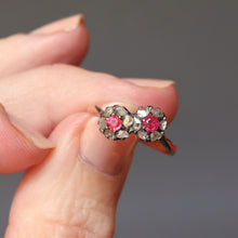 Load image into Gallery viewer, Antique toi et moi ring. Antique cluster ring. Antique diamond and ruby ring. Antique double cluster ring. Antique flower ring. Antique daisy ring. Toi et moi ring. Edwardian toi et moi ring. Antique bypass ring. Diamond and ruby ring.
