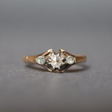 Load image into Gallery viewer, Antique 1920s trilogy ring 18k 18ct gold trilogy three stone jewellery jewelry. Antique three stone ring. Antique trilogy ring. Diamond trilogy ring. Antique engagement ring. Antique anniversary ring. Rose cut diamond ring. Rose cut diamond trilogy ring.
