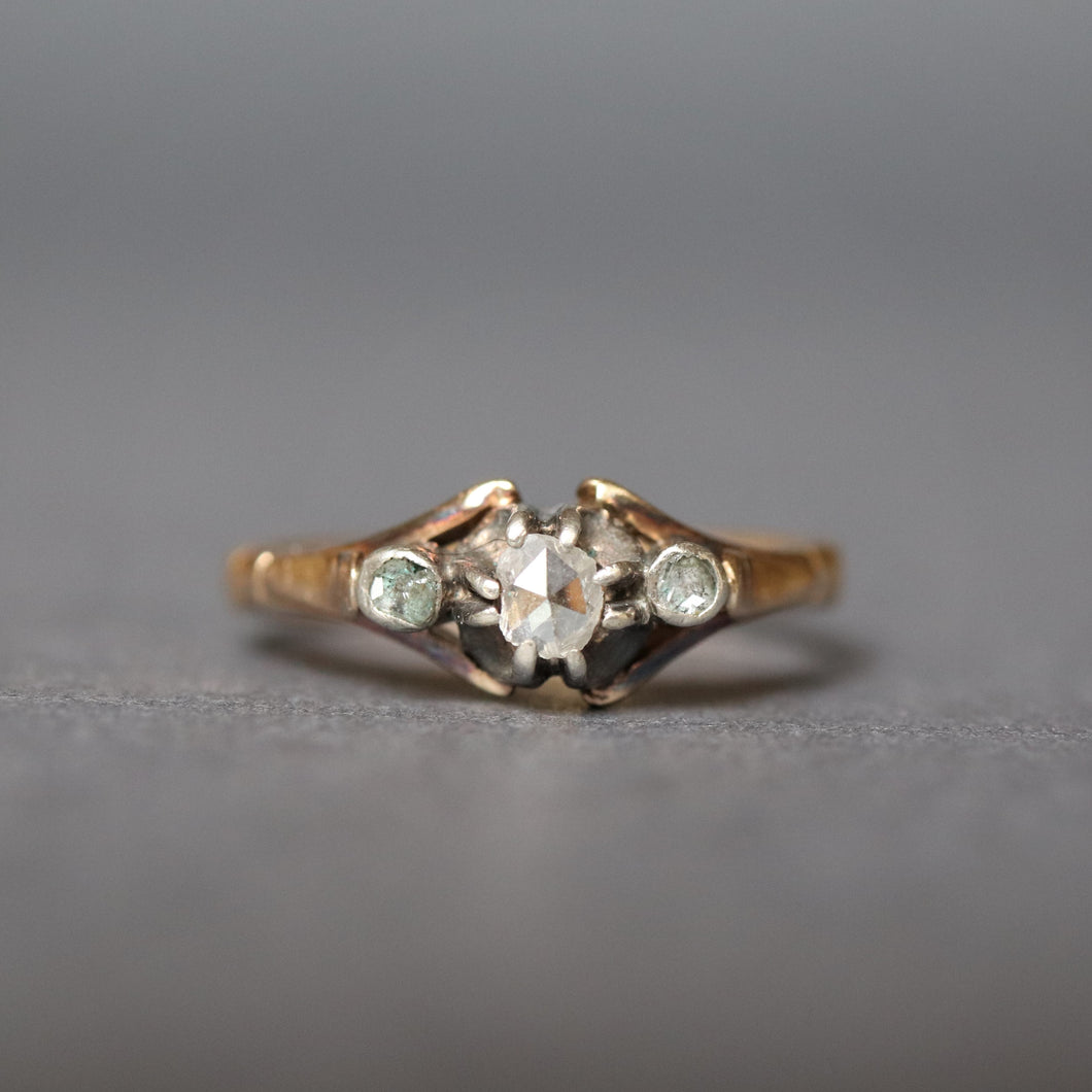 Antique 1920s trilogy ring 18k 18ct gold trilogy three stone jewellery jewelry. Antique three stone ring. Antique trilogy ring. Diamond trilogy ring. Antique engagement ring. Antique anniversary ring. Rose cut diamond ring. Rose cut diamond trilogy ring.