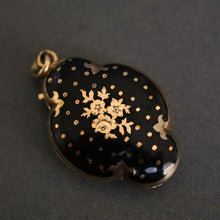 Load image into Gallery viewer, antique Victorian enamel ruby mourning memorial locket pendant 14k 14ct gold yellow quatrefoil oval black picture
