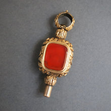 Load image into Gallery viewer, antique Victorian watch key carnelian agate chased square gold cased pendant vintage jewellery jewelry
