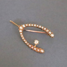 Load image into Gallery viewer, Antique Victorian era diamond &amp; pearl wishbone brooch in 15ct gold
