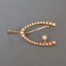 Load image into Gallery viewer, Antique Victorian era diamond &amp; pearl wishbone brooch in 15ct gold
