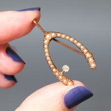 Load image into Gallery viewer, Antique Victorian diamond wishbone brooch. Antique wishbone brooch. Wishbone brooch. Victorian wishbone brooch. Antique wishbone pin. Pearl wishbone pin. Pearl wishbone brooch. Diamond wishbone brooch. Diamond wishbone pin. Lucky brooch. Lucky pin. Antique lucy wishbone. Antique good luck charm. Good luck charm.
