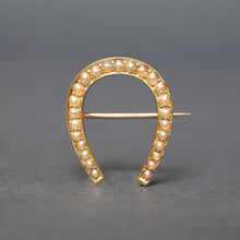 Load image into Gallery viewer, Antique Victorian diamond horseshoe brooch. Antique horseshoe brooch. Horseshoe brooch. Victorian horseshoe brooch. Antique horseshoe pin. Pearl horseshoe pin. Pearl horseshoe brooch. Lucky brooch. Lucky pin. Antique lucky horseshoe. Antique good luck charm. Good luck charm.
