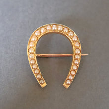 Load image into Gallery viewer, Antique Victorian era pearl horseshoe brooch in 15ct gold
