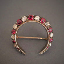 Load image into Gallery viewer, antique edwardian diamond ruby crescent moon brooch pin 8ct 8k gold silver vintage jewellery jewelry
