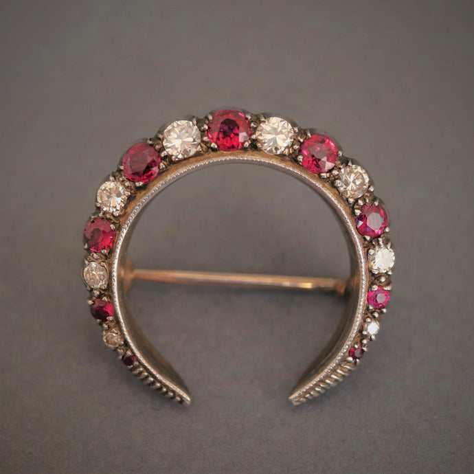 antique edwardian diamond ruby crescent moon brooch pin 8ct 8k gold silver vintage jewellery jewelry