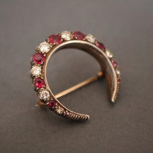 Load image into Gallery viewer, Antique Edwardian diamond &amp; ruby crescent brooch in 8ct gold
