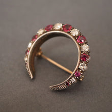 Load image into Gallery viewer, Antique Edwardian diamond &amp; ruby crescent brooch in 8ct gold
