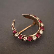 Load image into Gallery viewer, Antique Edwardian diamond &amp; ruby crescent brooch in 8ct gold
