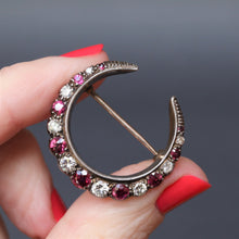 Load image into Gallery viewer, antique edwardian diamond ruby crescent moon brooch pin 8ct 8k gold silver vintage jewellery jewelry
