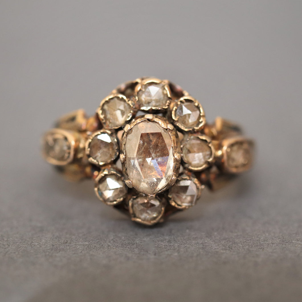 antique Georgian diamond halo cluster ring 18ct 18k gold flower head enamel vintage jewelry jewellery foiled foil back rose cut