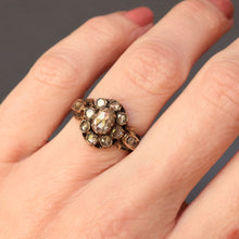 Load image into Gallery viewer, antique Georgian diamond halo cluster ring 18ct 18k gold flower head enamel vintage jewelry jewellery foiled foil back rose cut
