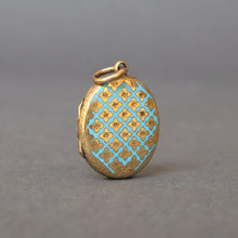 Load image into Gallery viewer, Antique blue enamel locket. Antique enamel locket. Blue enamel lattice locket. Victorian enamel locket. Victorian blue enamel locket. Order of the Garter locket. Antique gold locket. Antique blue enamel pendant. Antique enamel pendant. Victorian enamel pendant. Victorian blue enamel pendant. 
