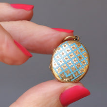 Load image into Gallery viewer, Antique blue enamel locket. Antique enamel locket. Blue enamel lattice locket. Victorian enamel locket. Victorian blue enamel locket. Order of the Garter locket. Antique gold locket. Antique blue enamel pendant. Antique enamel pendant. Victorian enamel pendant. Victorian blue enamel pendant.
