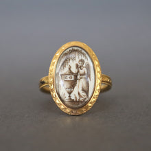 Load image into Gallery viewer, Antique mourning ring. Georgian mourning ring. Sepia ring. Antique angel ring. EG ring. Antique urn ring. En grisaille ring. Sepia miniature ring. Enamel ring. Black enamel ring. Antique enamel ring.
