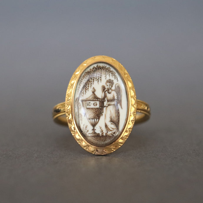 Antique mourning ring. Georgian mourning ring. Sepia ring. Antique angel ring. EG ring. Antique urn ring. En grisaille ring. Sepia miniature ring. Enamel ring. Black enamel ring. Antique enamel ring.