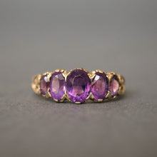 Load image into Gallery viewer, Antique half hoop ring. Vintage half hoop ring. Amethyst half hoop ring.  Antique five stone ring. Vintage five stone ring. Amethyst five stone ring. Amethyst stacking ring. 
