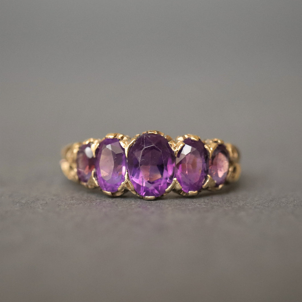 Antique half hoop ring. Vintage half hoop ring. Amethyst half hoop ring.  Antique five stone ring. Vintage five stone ring. Amethyst five stone ring. Amethyst stacking ring. 