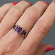 Load image into Gallery viewer, Antique half hoop ring. Vintage half hoop ring. Amethyst half hoop ring. Antique five stone ring. Vintage five stone ring. Amethyst five stone ring. Amethyst stacking ring.
