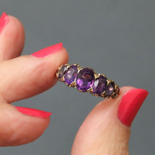 Load image into Gallery viewer, Antique half hoop ring. Vintage half hoop ring. Amethyst half hoop ring. Antique five stone ring. Vintage five stone ring. Amethyst five stone ring. Amethyst stacking ring.
