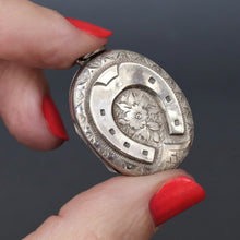 Load image into Gallery viewer, antique Victorian horseshoe locket pendant sterling silver floral vintage jewelry jewellery luck lucky
