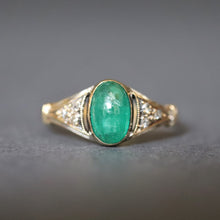 Load image into Gallery viewer, Emerald ring. Vintage emerald ring. Cabochon emerald ring. Mid-century ring. Emerald and diamond ring. Vintage emerald and diamond ring. Petite ring. Dainty ring.  
