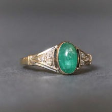 Load image into Gallery viewer, Vintage emerald cabochon ring with diamonds in 14ct gold
