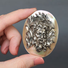 Load image into Gallery viewer, Antique brooch depicting Greek God Dionysus. God of wine and festivity. Ivy. Grape vine. Amphora. Antique brooch sterling silver mother of pearl. Victorian. Edwardian. High relief. Large brooch. Pin. Jewelry jewellery.
