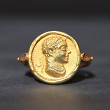 Load image into Gallery viewer, Ancient Greek coin ring. Antique ring. Vintage ring. Agathocles of Bactria. King Agathocles. Zeus holding Greek Goddess Hecate in his hand. Ancient Greek coin. Ancient coin gold ring. Ancient coin ring in 18ct gold. Ancient coin ring in 18k gold.
